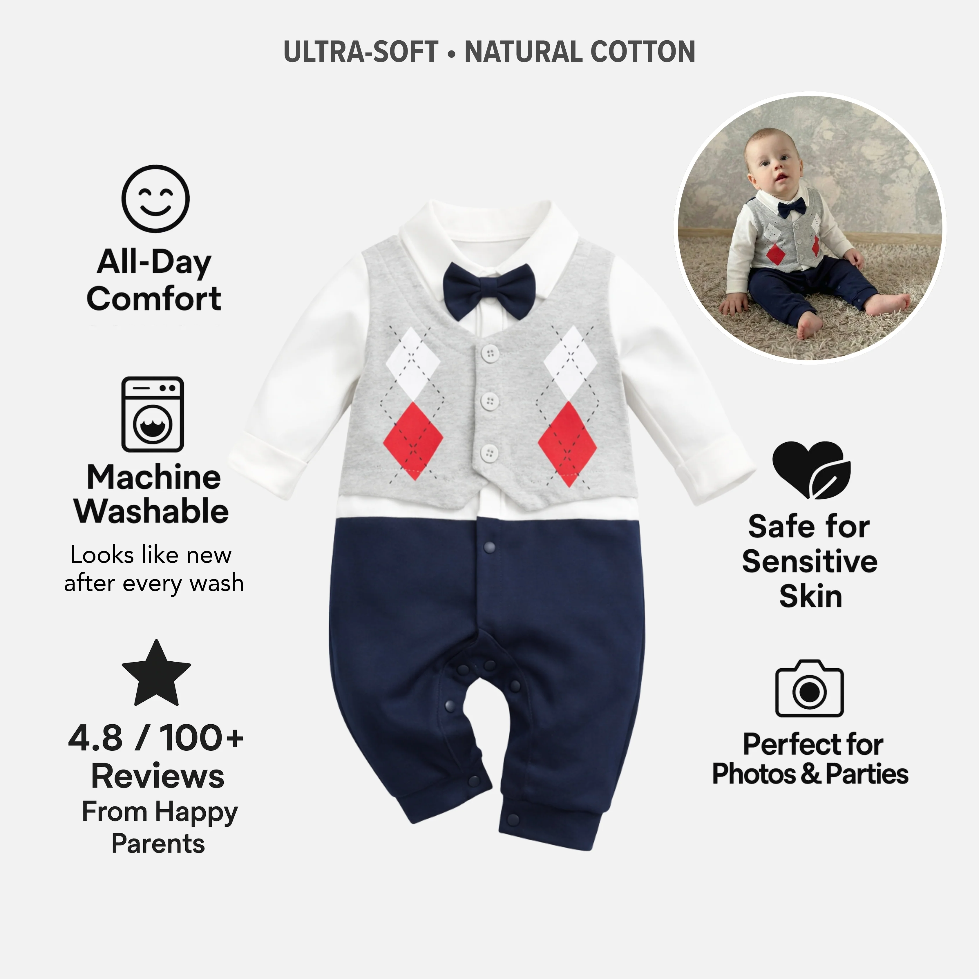 AMA™ Little Argyle Gentleman Kids Onesie - Image 3