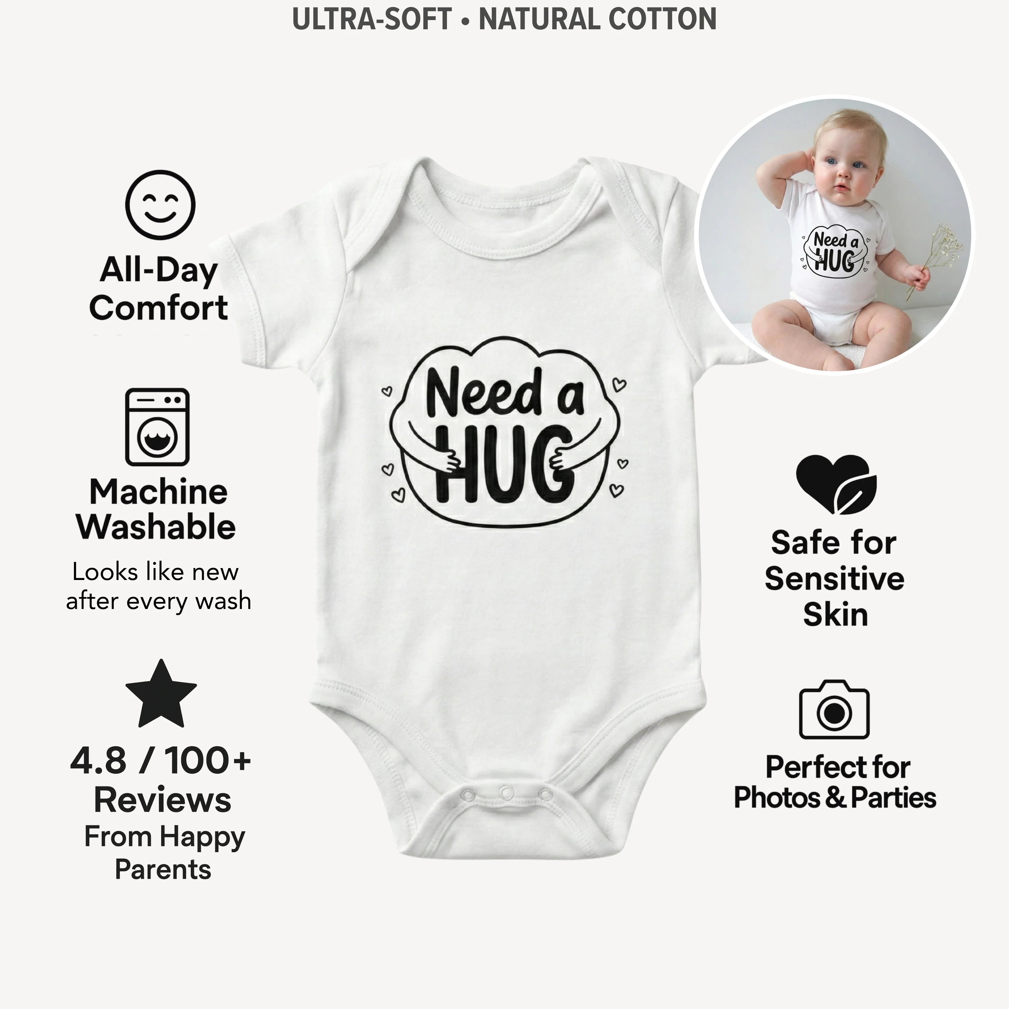 AMA™ "Need a Hug" – Funny Baby Bodysuit - Image 3