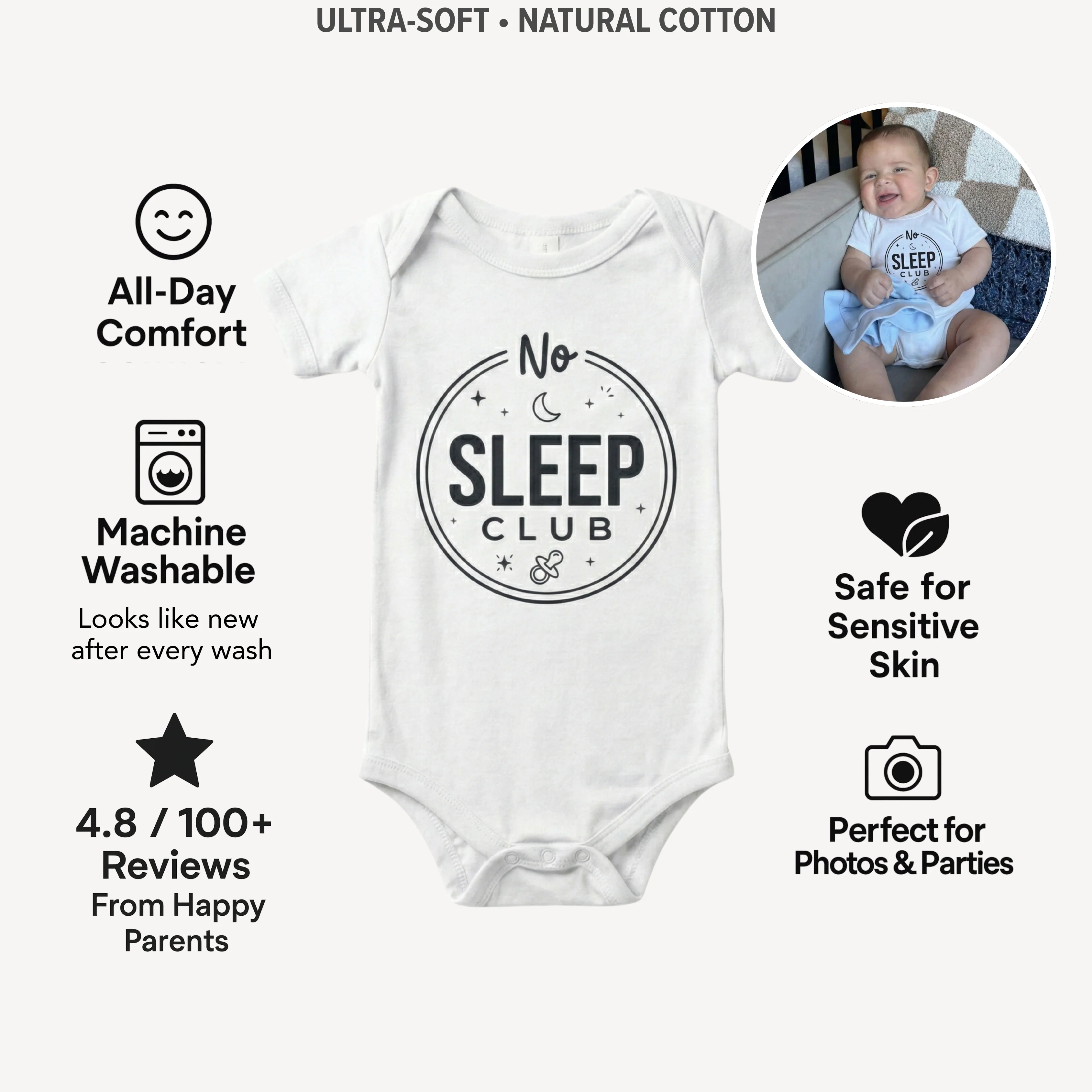 AMA™ "No Sleep Club" – Funny Baby Bodysuit - Image 3